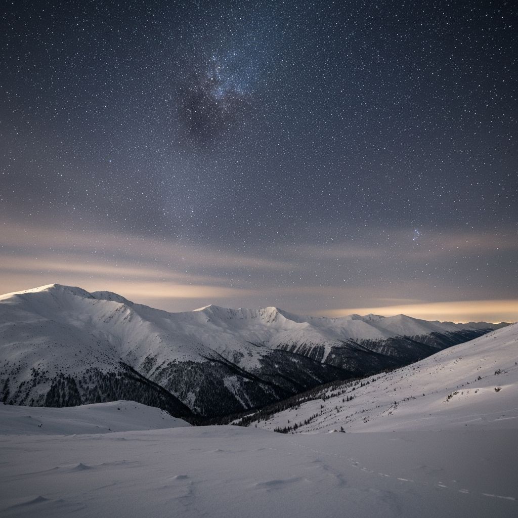 Starry night over snowy mountains
